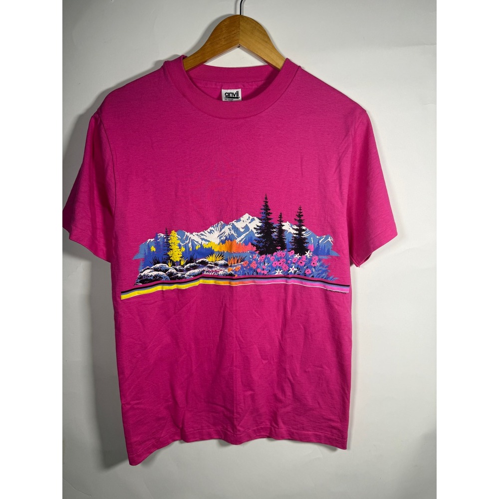 Vintage 1990 Anvil Lifestyles Mountain Nature Graphic T Shirt Pink Mens Medium